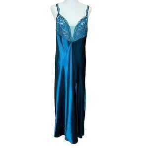 Vintage Victoria's Secret Slip Dress‎ Nightgown Large Teal Gold Label Sexy Lace